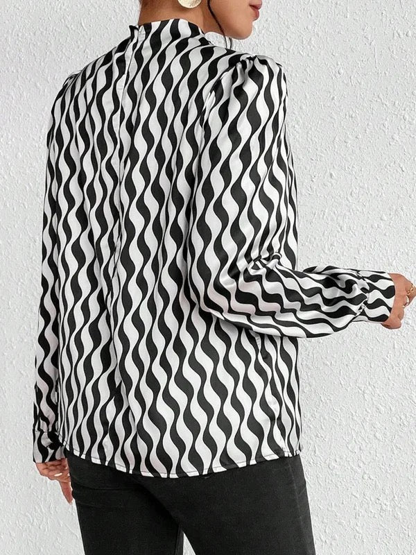 Long Sleeves Loose Contrast Color Pleated Printed Split-Joint Mock Neck Blouses&Shirts Tops