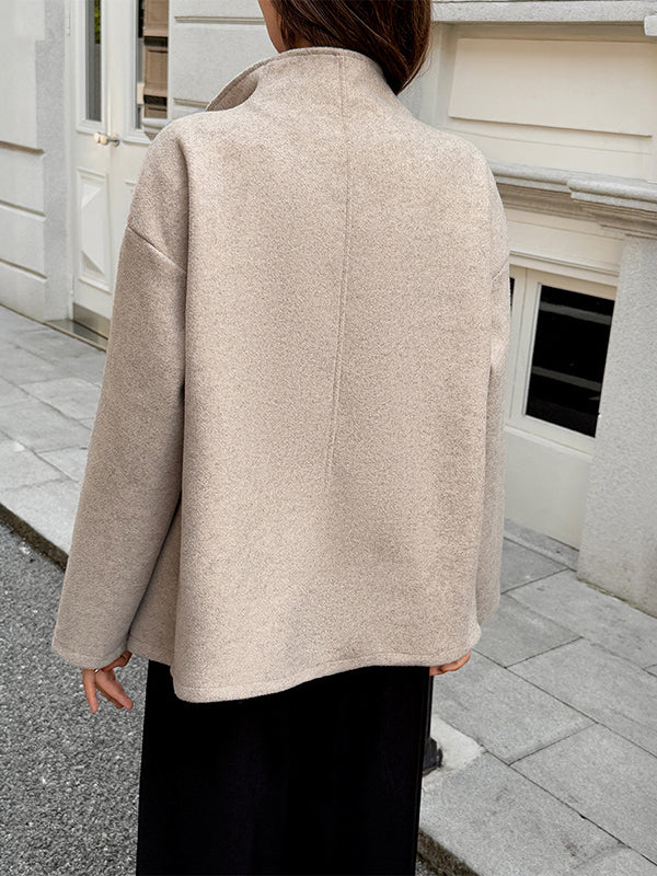 Long Sleeves Buttoned Solid Color Stand Collar Coats&Jackets Outerwear