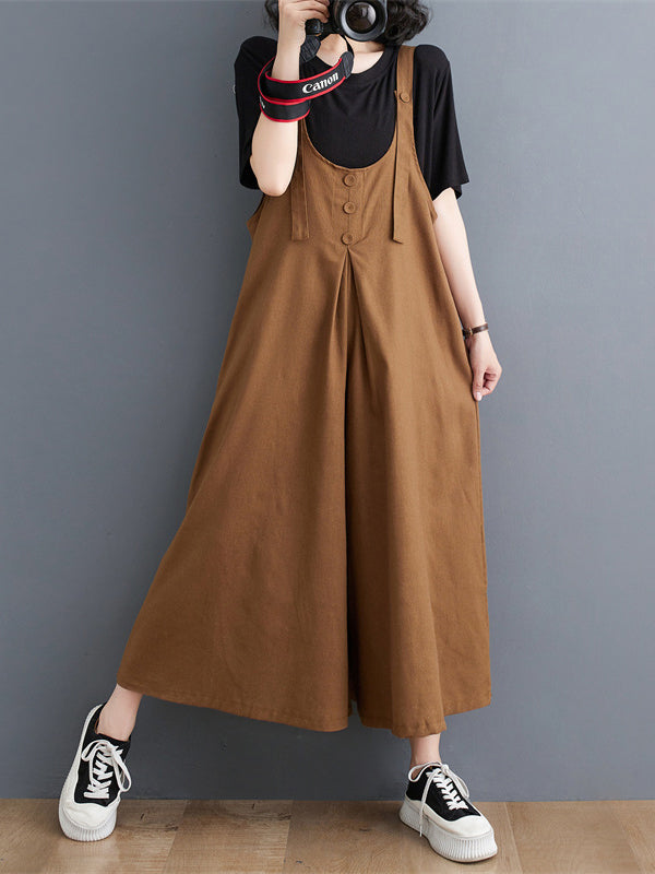 Ninth Pants Wide Leg Buttoned Solid Color Spaghetti-Neck Overalls