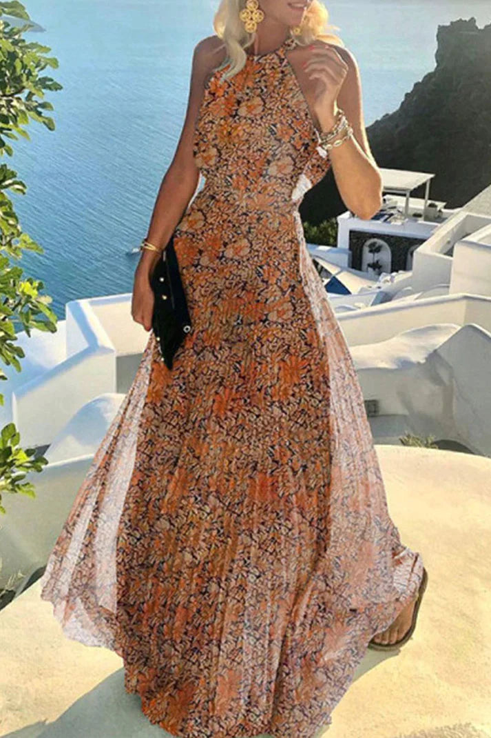 Santorini | Women's Halter Neck Maxi Dress Pleated Boho Print