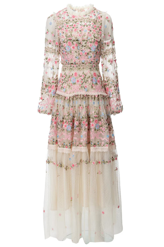 Garden 3/4 Sleeves Embellished Tulle Gown Ivory