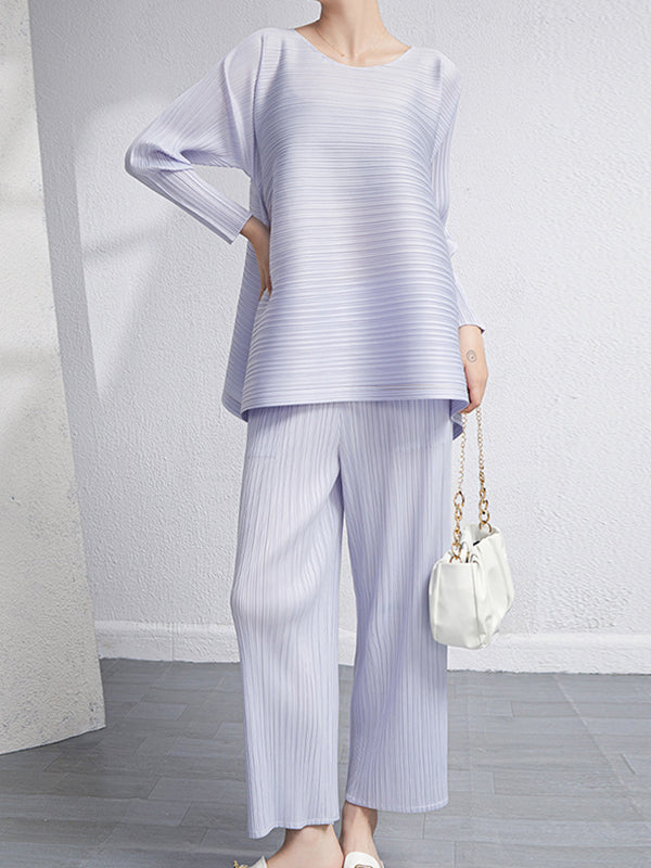 Loose Pleated Solid Color High-Low Round-Neck T-Shirts + Pants Two Pieces Set