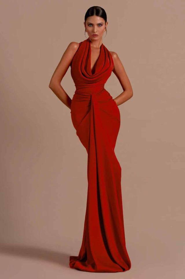 Halter Draped Mermaid Maxi Dress Red
