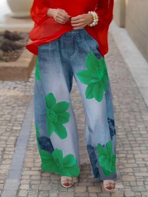 Loose Wide Leg Flower Print Jean Pants Bottoms Trousers