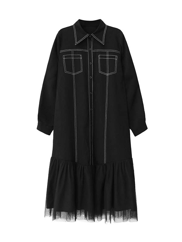 Irregularity Long Sleeves Asymmetric Buttoned Line Solid Color Split-Joint Lapel Midi Dresses Shirt Dress