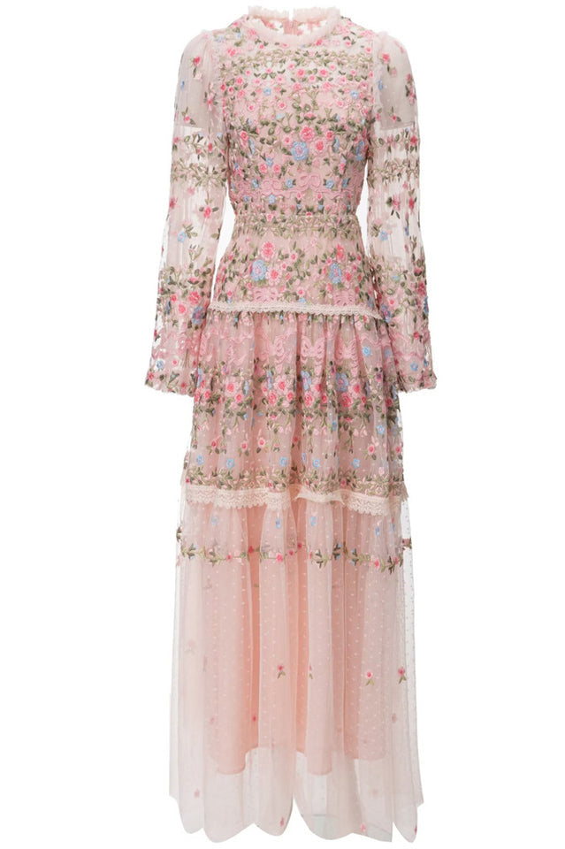 Garden 3/4 Sleeves Embellished Tulle Gown Pink