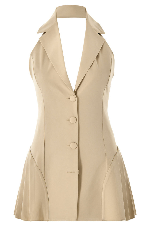 Reyna Backless Pleated Mini Dress Beige