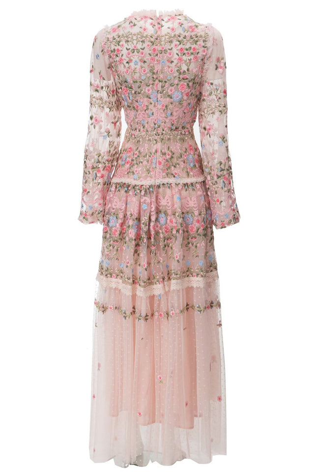 Garden 3/4 Sleeves Embellished Tulle Gown S Pink