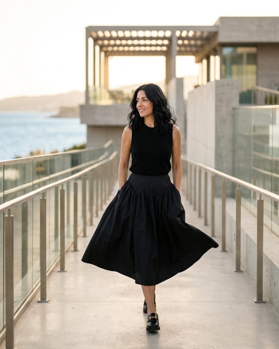 Poplin Cotton Smocked Flare Midi Skirt