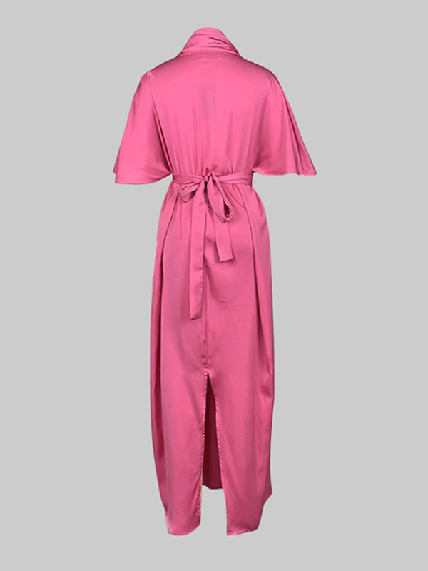 Loose Short Sleeves Asymmetric Pleated Solid Color Split-Joint V-Neck Maxi Dresses Shirt Dress