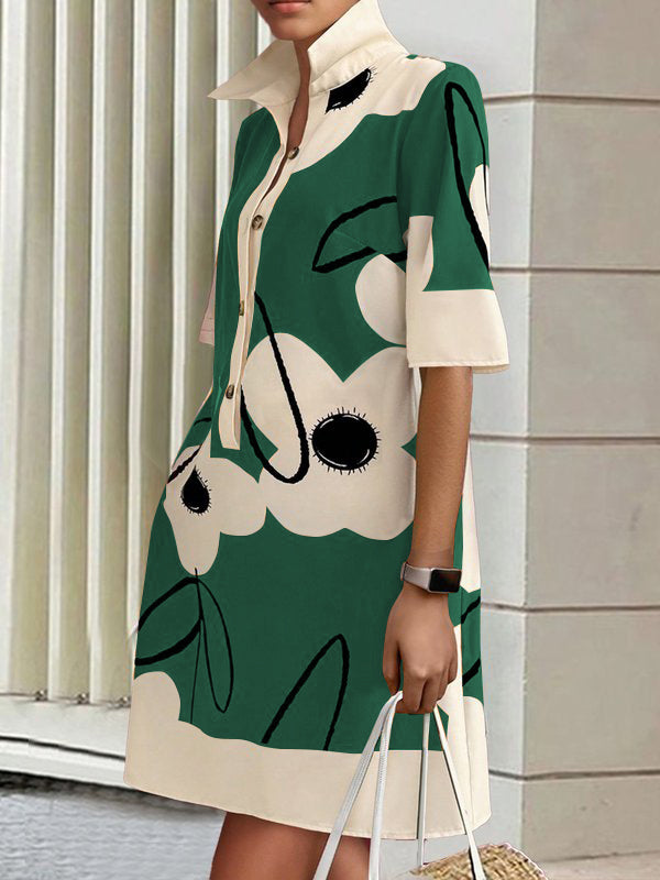A-Line Half Sleeves Buttoned Contrast Color Flower Print Pockets Stand Collar Mini Dresses