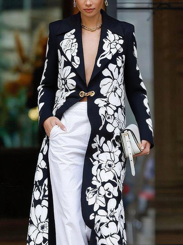 Long Sleeves Loose Flower Print Notched Collar Blazer Outerwear