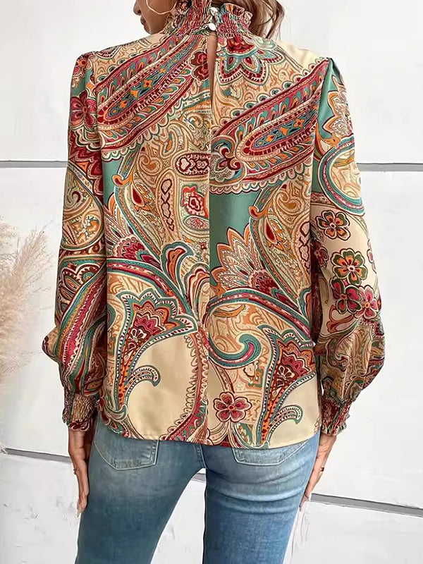 Chemisiers et chemises amples à manches longues, boutonnés, élastiques, imprimés floraux, col montant fendu et creux