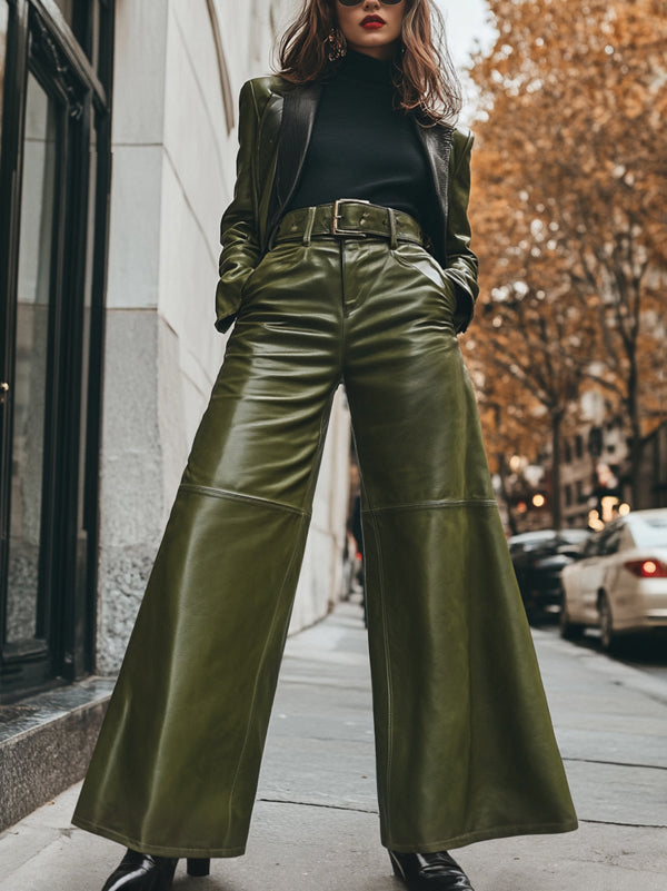 High Waisted Wide Leg Belted Pockets Solid Color Split-Joint Pants Trousers