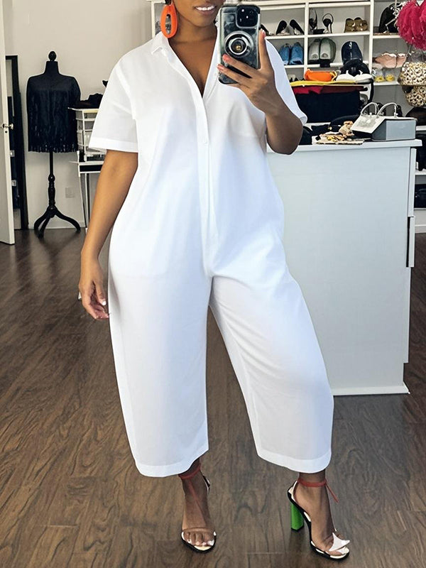 Loose Short Sleeves Buttoned Solid Color Lapel Jumpsuits