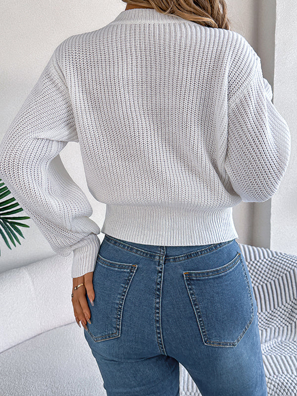 Elasticated Waist Long Sleeves Cable Knit Solid Color Round-Neck Knit Top Sweater Tops