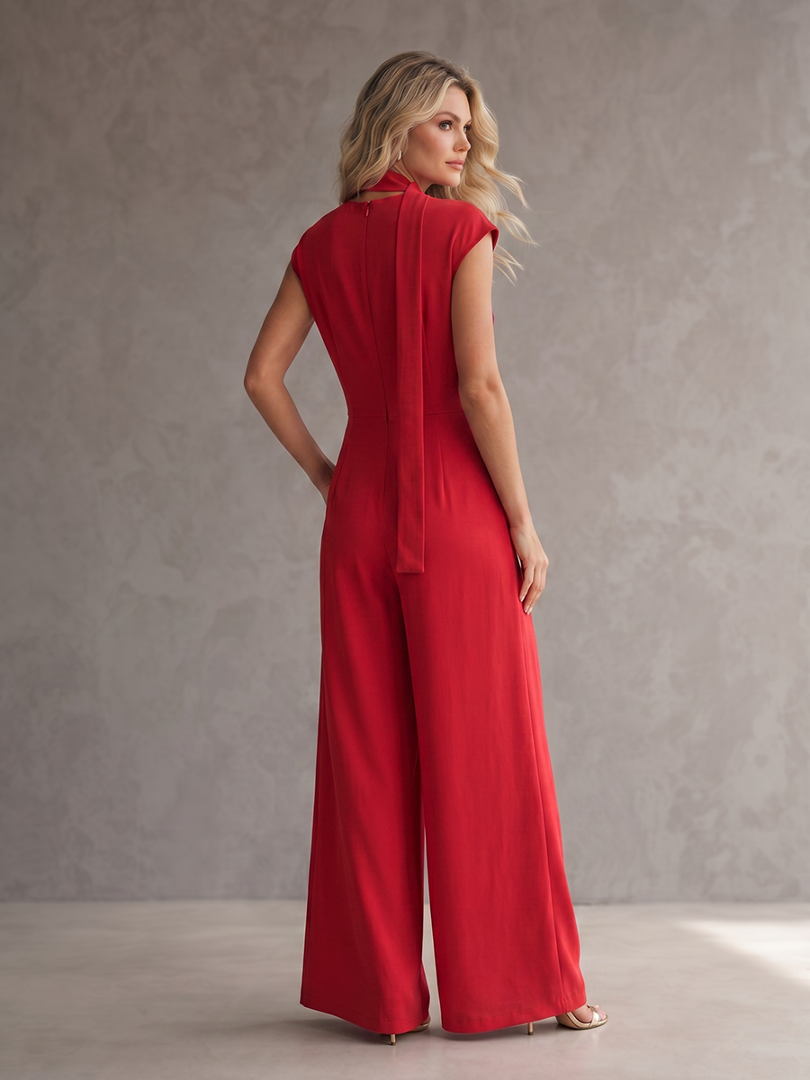 Loose Wide Leg Pockets Solid Color Streamer Deep V-Neck Jumpsuits