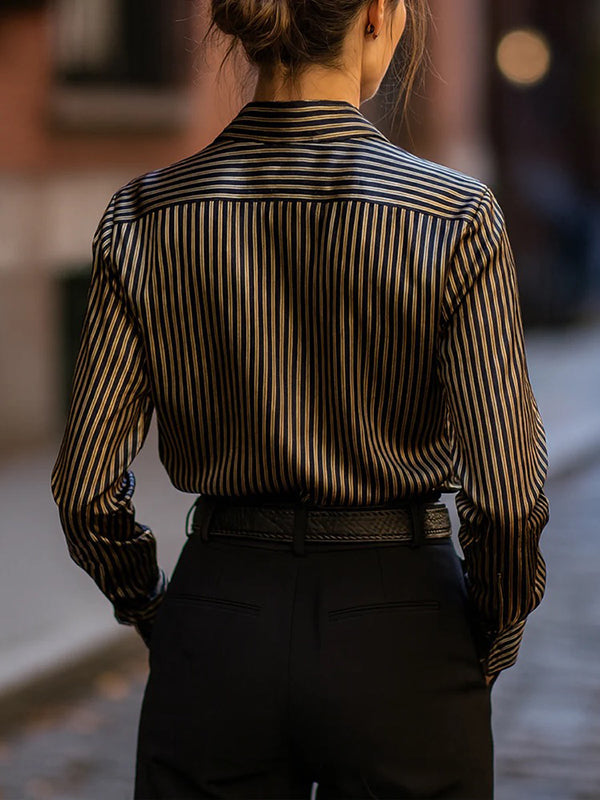 Long Sleeves Loose Buttoned Contrast Color Striped Lapel Blouses&Shirts Tops