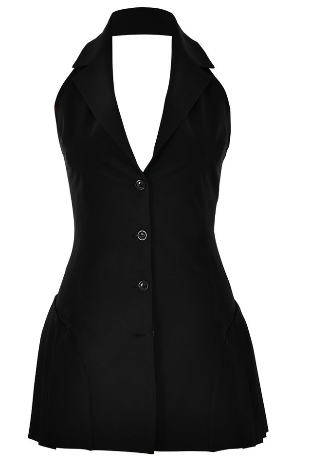 Reyna Backless Pleated Mini Dress Black