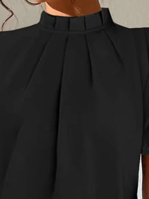 Lockere Blusen mit kurzen Ärmeln, hohlen Falten, einfarbigem Split-Joint-Stehkragen