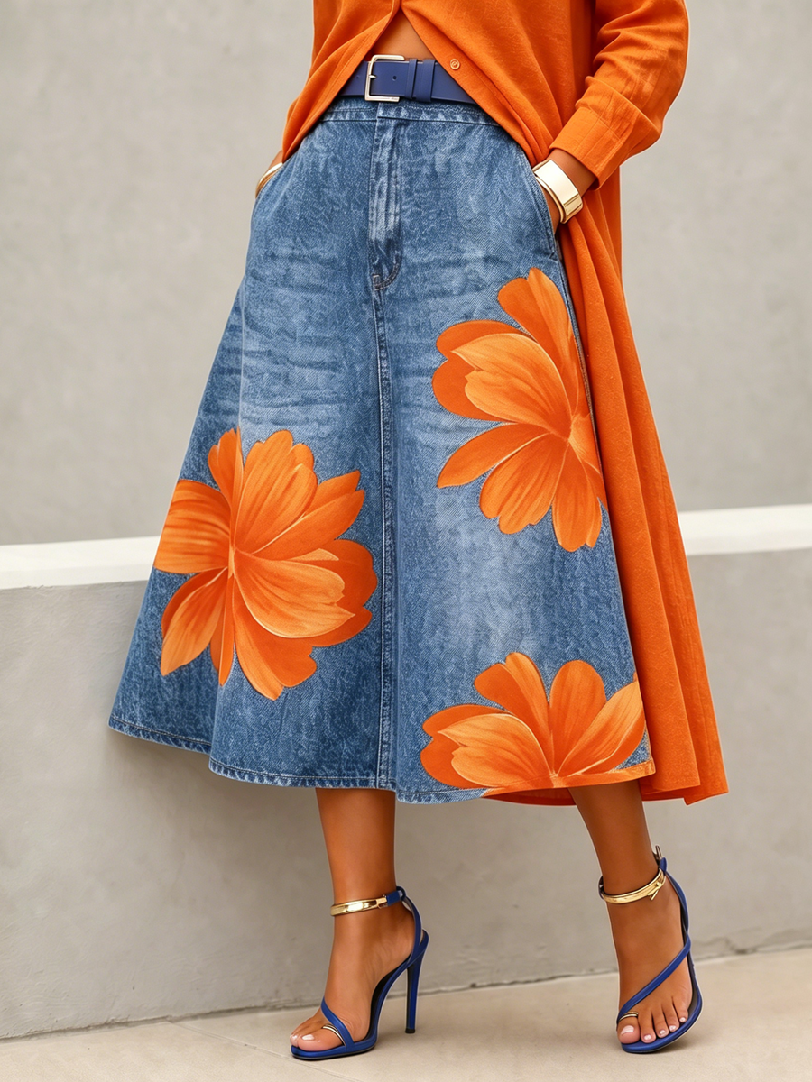 A-Line High Waisted Flower Print No Belt Pockets Skirts Bottoms