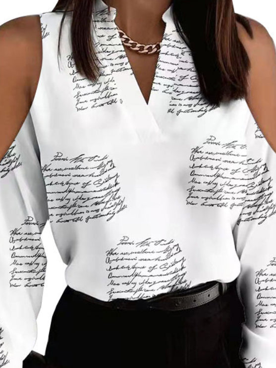 Chemisiers et chemises décontractés à manches longues et col en V ajouré avec imprimé lettres