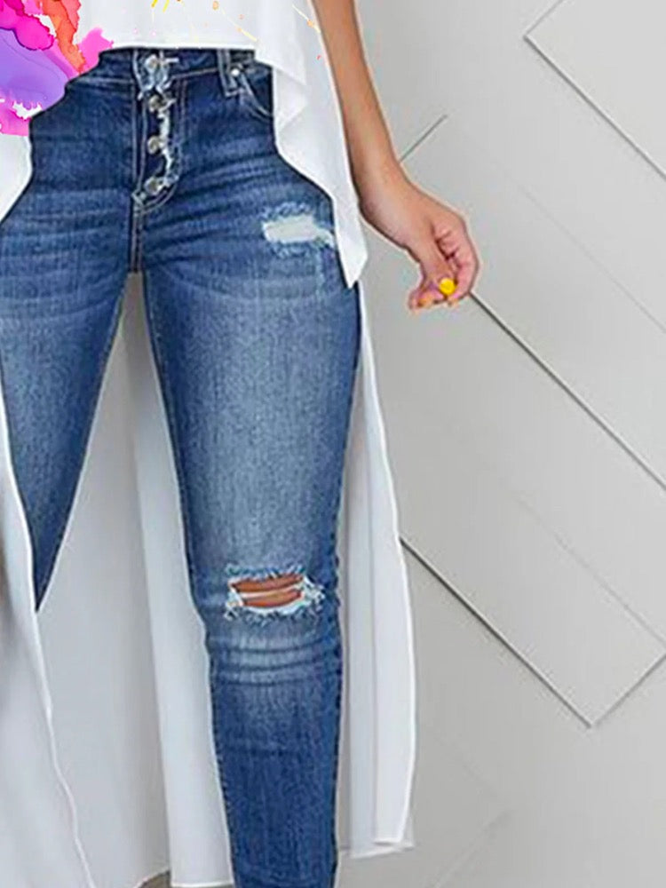 High-Low Loose Flower Print Round-Neck Blouses&Shirts Tops Vest Top