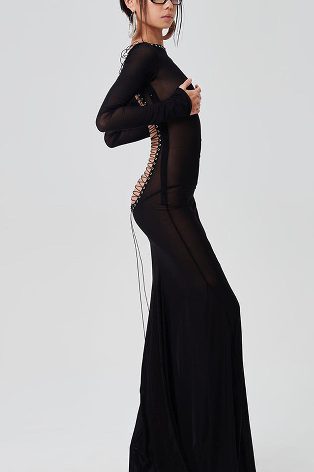 Sheer Backless Long Sleeve Dress