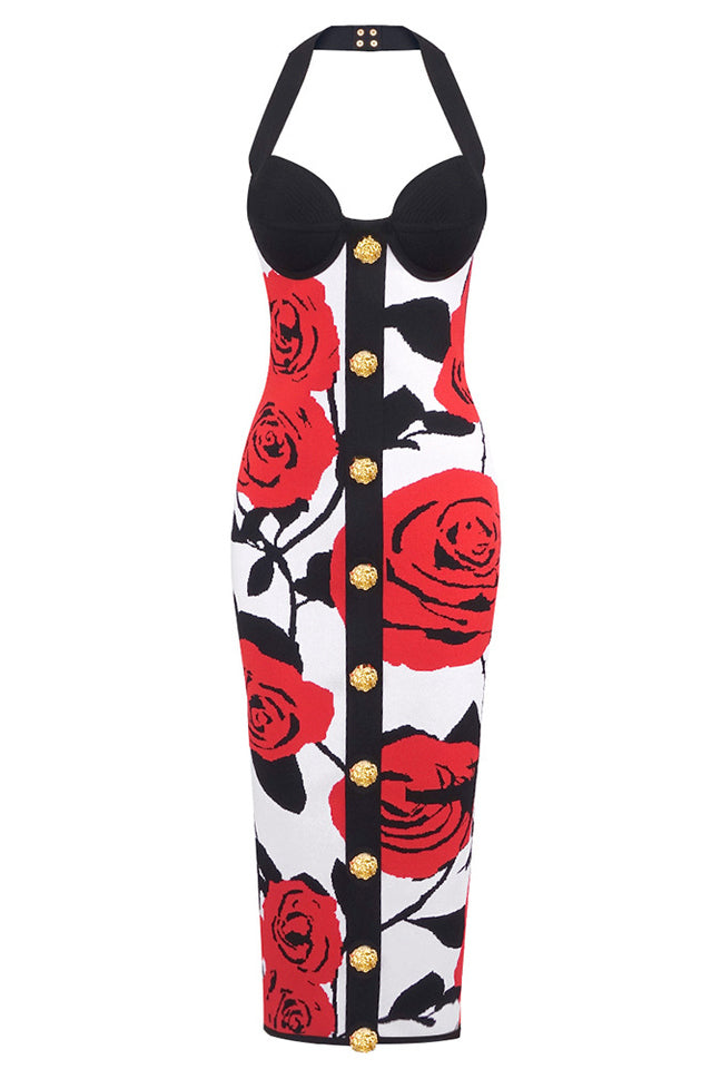 Knit Floral Halter Neck Midi Dress Rose Print