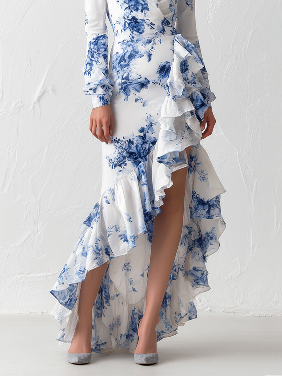 High Waisted High-Low Flower Print Ruffled Split-Joint Zipper V-Neck Maxi Dresses
