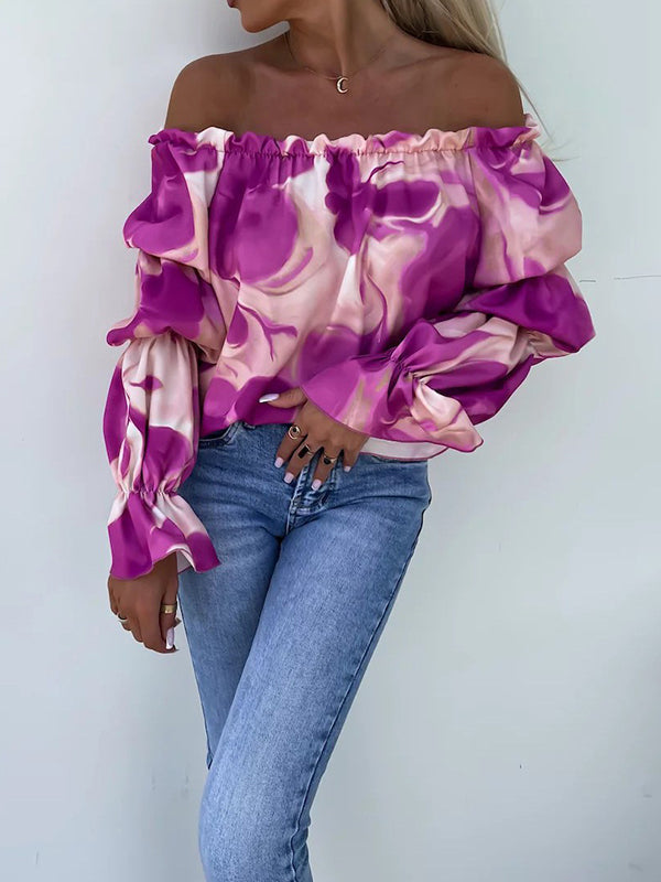 Langarm T-Shirt mit lockerer Elastizität und Print, schulterfrei