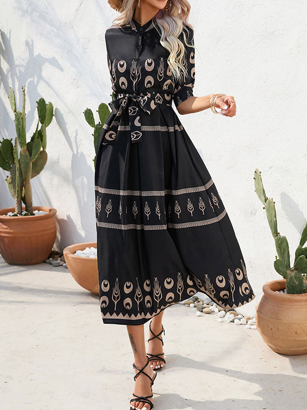 A-Line Half Sleeves Buttoned Tied Waist Lapel Midi Dresses