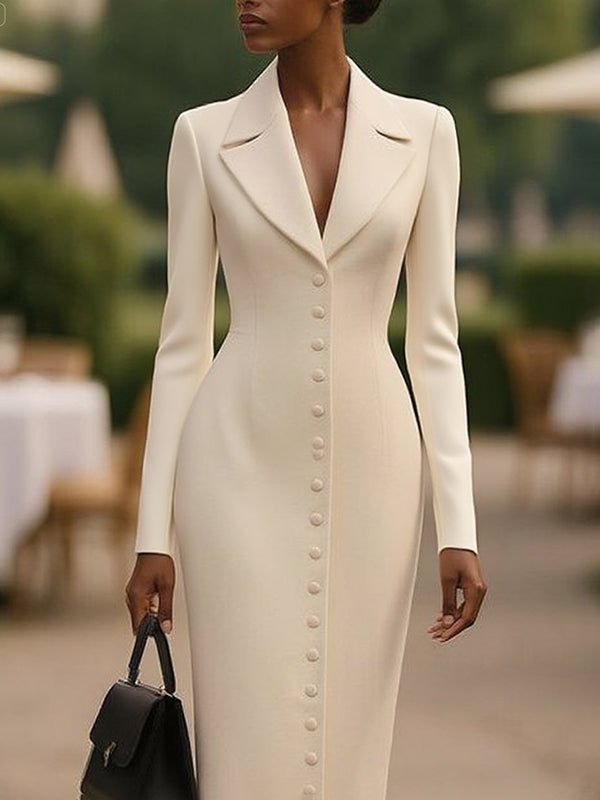 Bodycon Long Sleeves Buttoned Solid Color Notched Collar Midi Dresses Outerwear