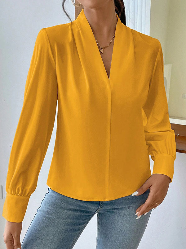 Long Sleeves Loose Pleated Solid Color Split-Joint V-Neck Blouses&Shirts Tops YELLOW