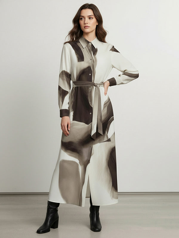 Long Sleeves Loose Asymmetric Belted Buttoned Print Wash Painting Maxi Dresses Shirt Dress