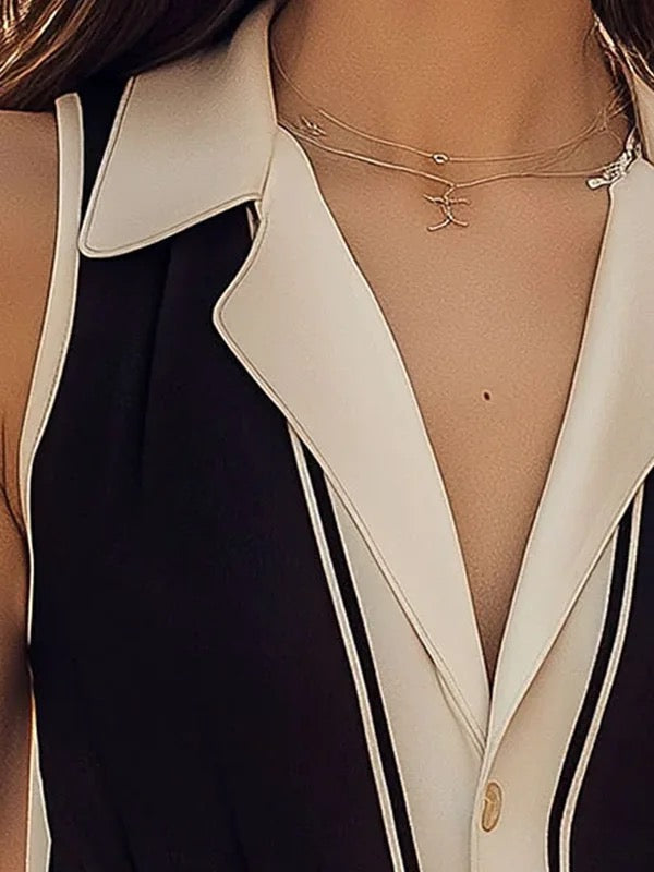Loose Sleeveless Buttoned Contrast Color Notched Collar Blouses&Shirts Tops