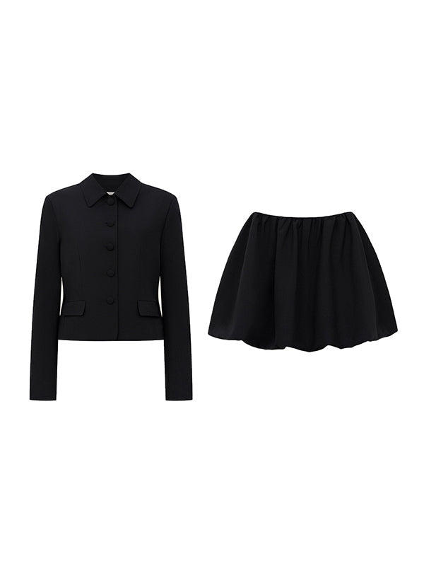 Solid Color Split-Joint Lapel Long Sleeves Blazer Suits + Pleated Mini Skirts Two Pieces Set