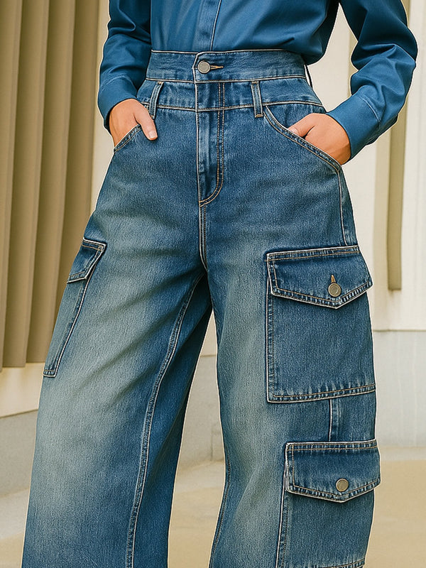 High Waisted Loose Buttoned Pockets Solid Color Split-Joint Jean Pants Bottoms