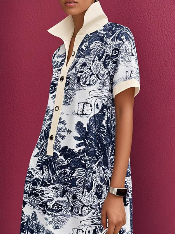 Mini-robe ample à manches courtes, boutonnée, poches de couleur contrastée, col montant