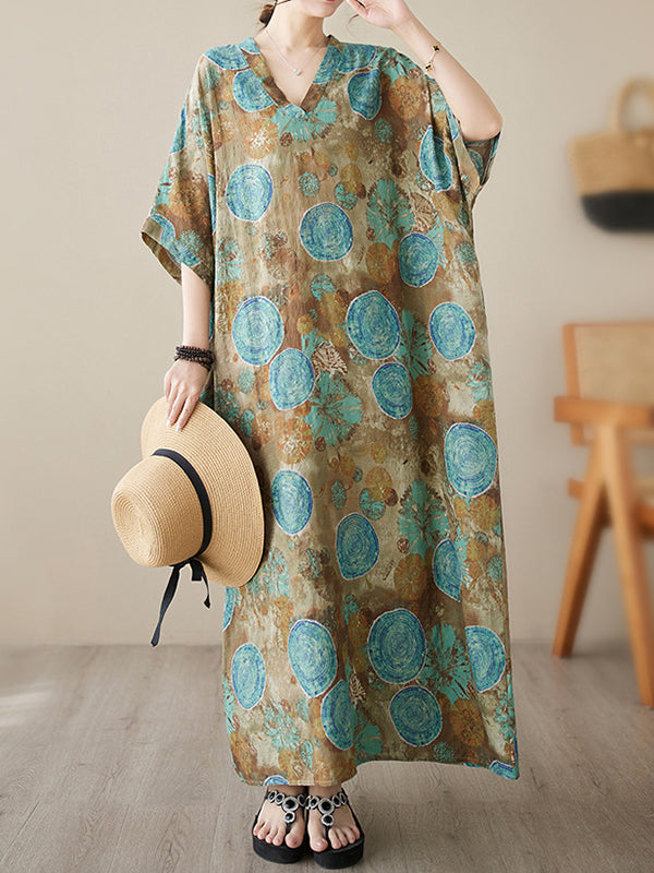 Loose Short Sleeves Printed V-Neck Maxi Dresses BLUE One_size