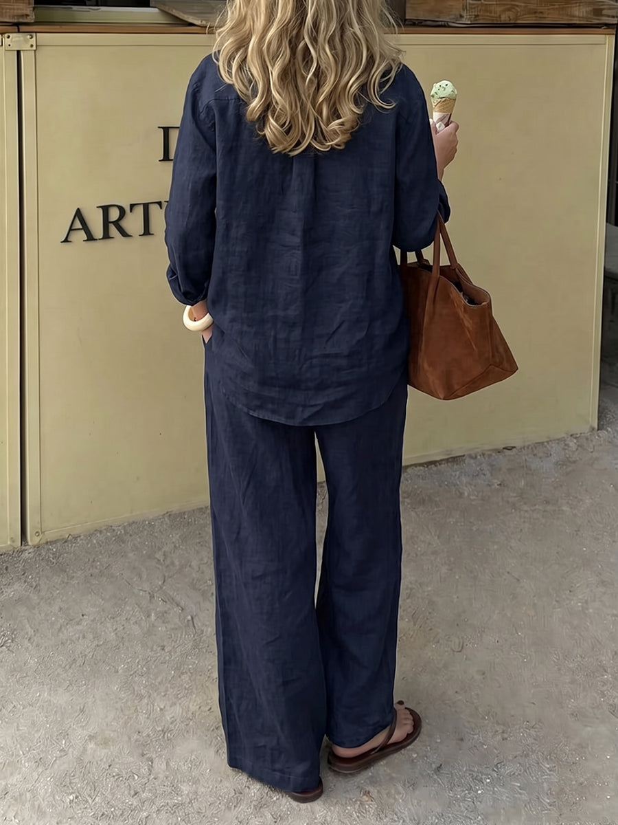 Solid Color Pockets Buttoned Plus Size Loose Lapel Two Pieces Set Trousers Pants Blouses&shirts Tops