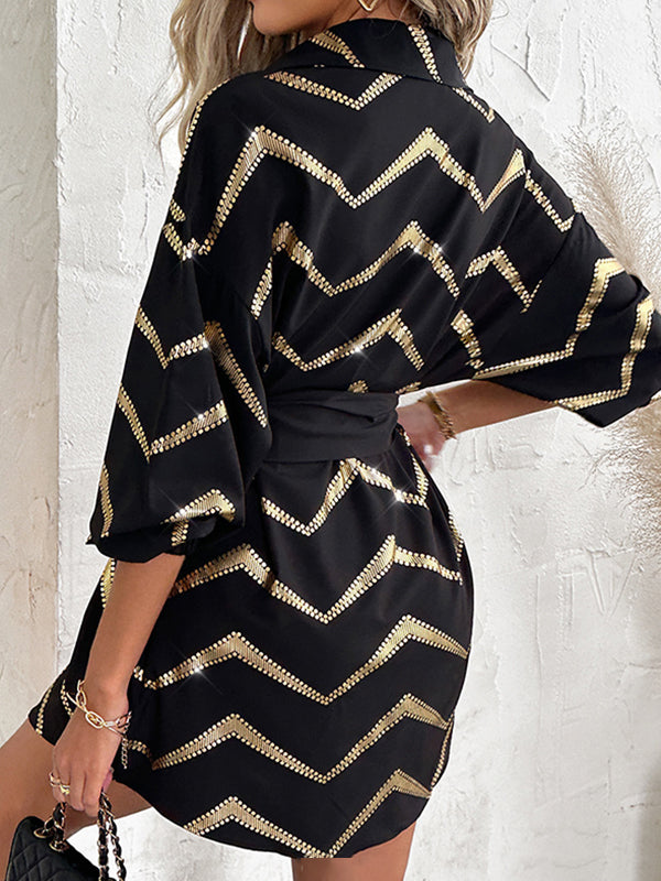 Long Sleeves Loose Buttoned Elasticity Striped Tied Waist Lapel Mini Dresses Shirt Dress