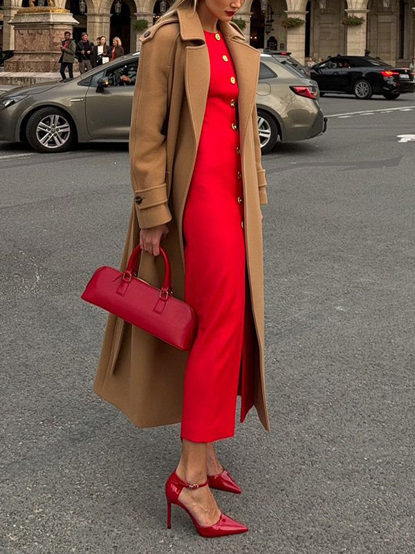 Robe chemise moulante à manches longues et col en V, couleur unie, boutonnée