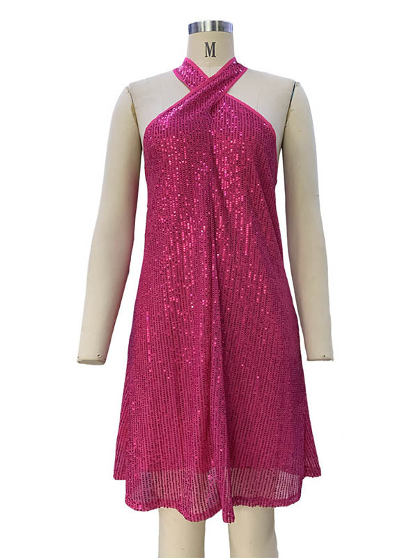 Mini-robes trapèze amples à paillettes creuses de couleur unie et col licou