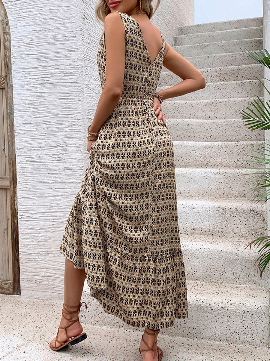High Waisted Sleeveless Contrast Color Printed Tied Waist V-Neck Maxi Dresses