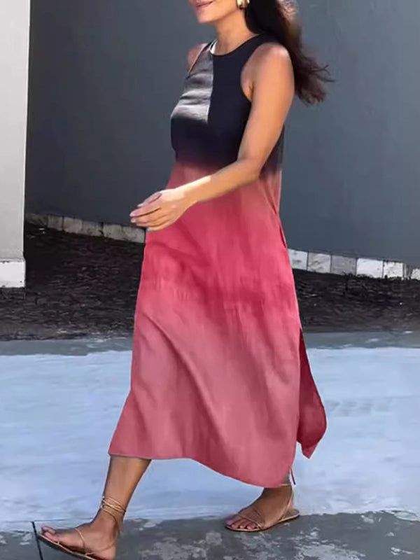 Robes mi-longues taille haute, amples, dégradées, fendues sur les côtés, col rond