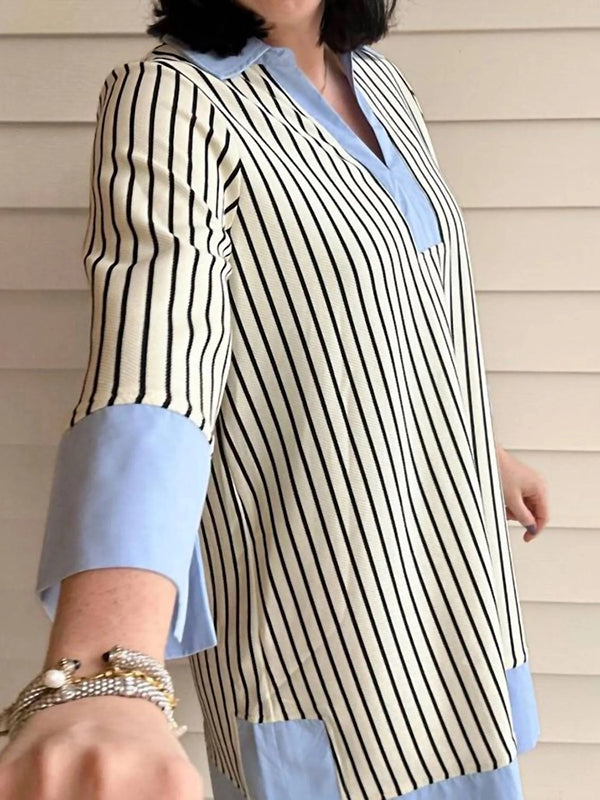 Loose Three-Quarter Sleeves Contrast Color Striped Stand Collar Mini Dresses