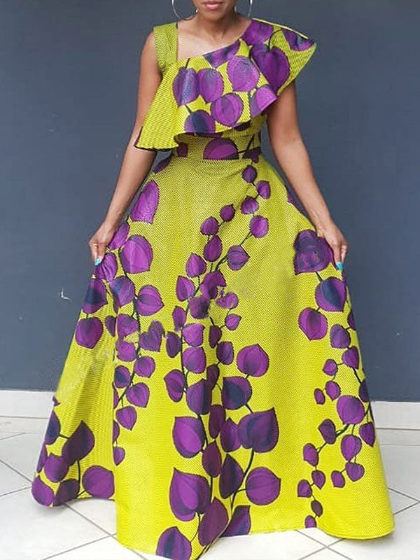 A-Line Sleeveless Asymmetric Printed Split-Joint Asymmetric Collar Evening Dresses Maxi Dresses