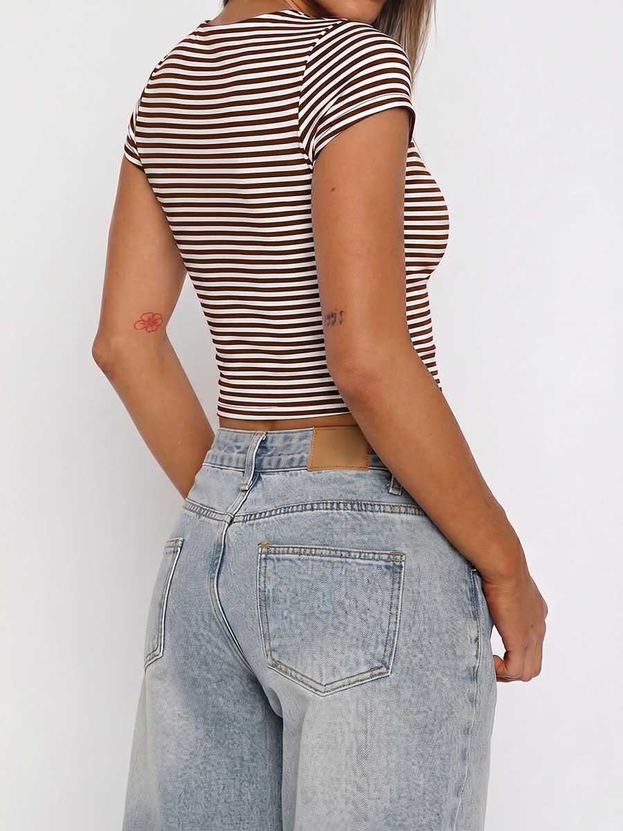 Striped Contrast Color Skinny Short Sleeves Square-neck T-Shirts Tops