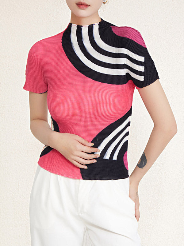 Short Sleeves Contrast Color Printed Mock Neck T-Shirts Tops